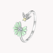 Bee and Flower Adjustable Silver Ring